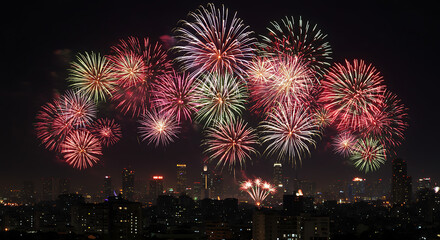 Obraz premium Vibrant fireworks illuminate the night sky over a bustling cityscape