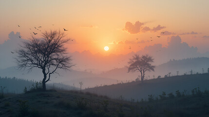 Fototapeta premium Illustration of lonely tree with sunrise behind and fogy landscape.