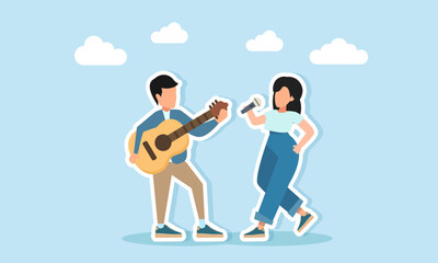 Young man playing guitar while woman sings using microphone illustration of appreciation for music day or music festival
