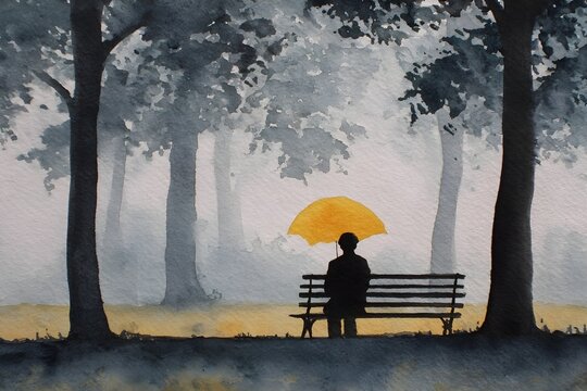 Watercolor Silhouette of Person on Park Bench with Umbrella, Generative AI