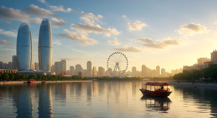 Naklejka premium Beautiful skyline of Xiamen with iconic Twin Towers and a serene lake scene