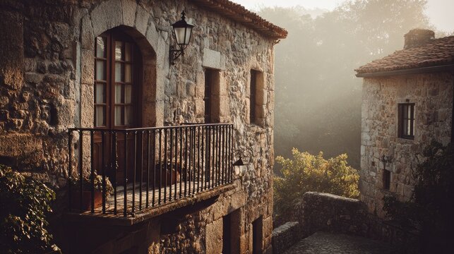 Stone buildings with balcony, misty morning