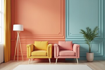 Stylish living room with coral and teal walls.