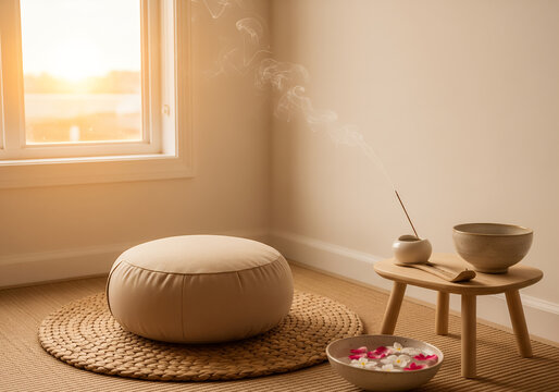Minimalist Meditation Corner with Incense and Sunset Glow