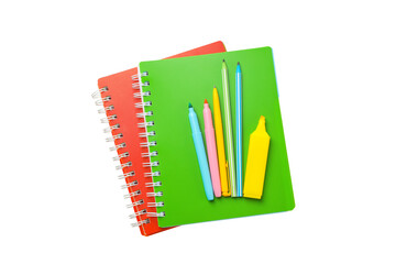 Colorful notebooks and markers for school, isolated on white, PNG