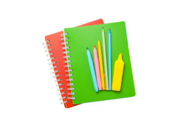 Colorful notebooks and markers for school, isolated on white, PNG