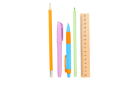 Colorful writing tools with a ruler, isolated on white, PNG - Powered by Adobe