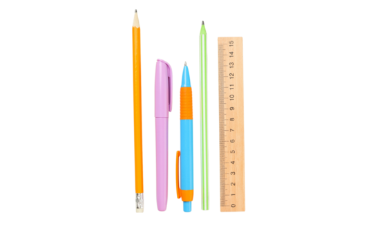 Colorful writing tools with a ruler, isolated on white, PNG