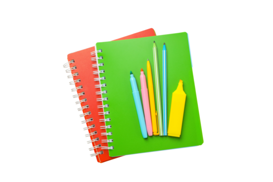 Colorful notebooks and markers for school, isolated on white, PNG