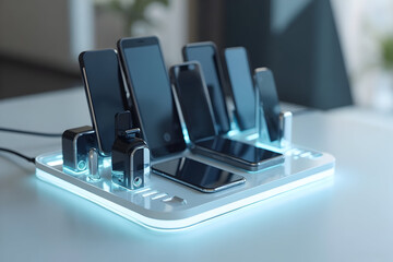 Phones Charging on Dock with Neon Lighting in a Bright Room