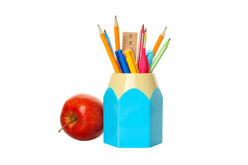 Blue container of colorful pencils and markers, isolated on white, PNG
