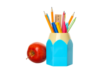 Blue container of colorful pencils and markers, isolated on white, PNG
