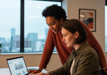 Two colleagues collaborating on a project using a laptop