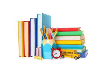 Books and supplies organized for learning, isolated on white, PNG