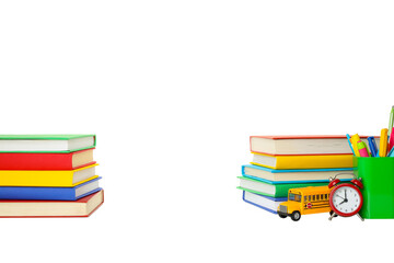 Bright books and supplies on white, isolated on white, PNG