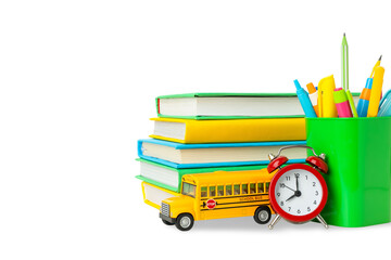Bright school supplies and model bus ready, isolated on white, PNG