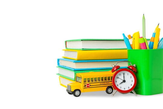 Bright school supplies and model bus ready, isolated on white, PNG - Powered by Adobe