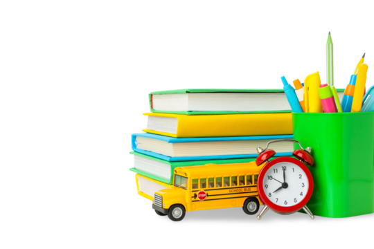 Bright school supplies and model bus ready, isolated on white, PNG - Powered by Adobe