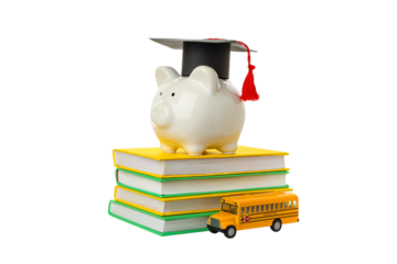 A grad-cap piggy bank atop books, isolated on white, PNG