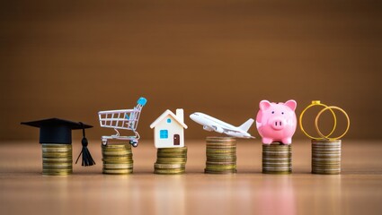 Financial planning for life's major milestones. Miniature icons for education, shopping, home, travel, savings, and marriage on increasing coin stacks.