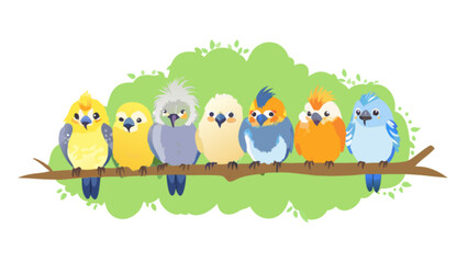 Obraz premium Cute colorful birds on a branch vector illustration for kids room decor and educational resources design asset