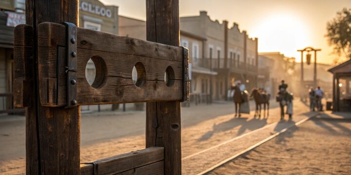 Historic western town welcomes dusk with horse riders and a weathered stockade