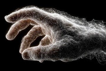 A hand, rendered as a network of lines, glows softly against a dark background