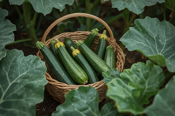 Fresh zucchinis in a wicker basket among garden leaves.