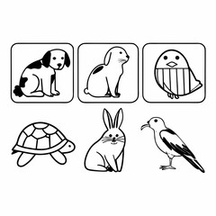 Collection of pets isolated on white background, including dog, rabbit, bird, and turtle in cartoon style