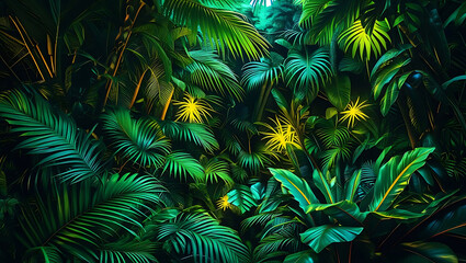 Lush Tropical Rainforest Canopy Illuminated by Bioluminescent Flora