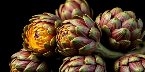 Obraz premium Raw artichokes, dark background, close-up, vibrant green hues, culinary, vegetable