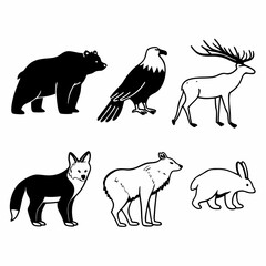 Fototapeta premium Collection of wild animals, including bear, eagle, deer, fox, wolf, and rabbit isolated on white background