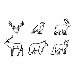 Collection of wild animals, including deer, eagle, hare, bear, and fox isolated on white background