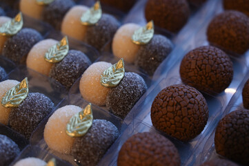 gourmet party sweets and chocolates, delicious brigadeiro and truffles, assorted fancy desserts for...