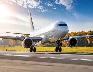 Fototapeta premium A white passenger jet lands on a runway, autumn trees in the background