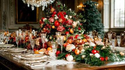 Luxurious Christmas Table Setting with Festive Floral Arrangement