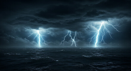 Dramatic storm over the ocean capturing vivid lightning strikes