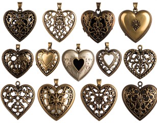 Ornate heart locket pendant collection symbolizing love and cherished memories  metallic tones