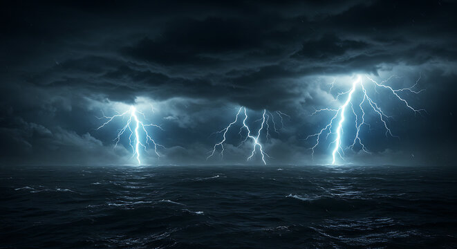 Dramatic storm over the ocean capturing vivid lightning strikes - Powered by Adobe