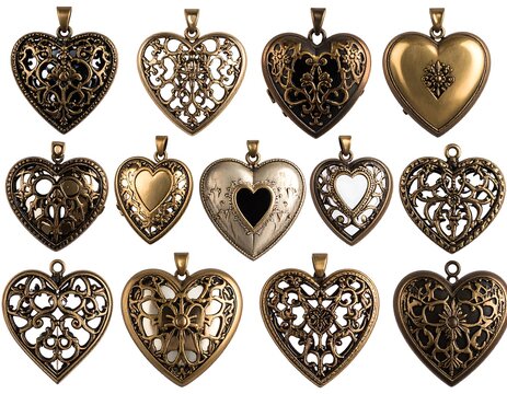 Naklejki Ornate heart locket pendant collection symbolizing love and cherished memories  metallic tones