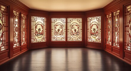 Empty square room with ​Red window Chinese Styles on wall