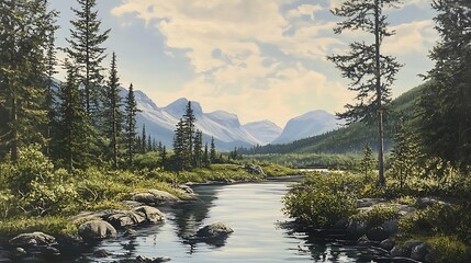 Fototapeta premium Mountain river valley landscape painting