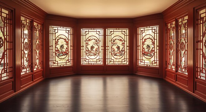 Fototapeta Empty square room with ​Red window Chinese Styles on wall