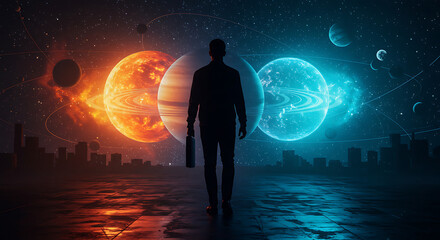 Fototapeta premium Young man gazes at vibrant planets and stars in cosmic sky