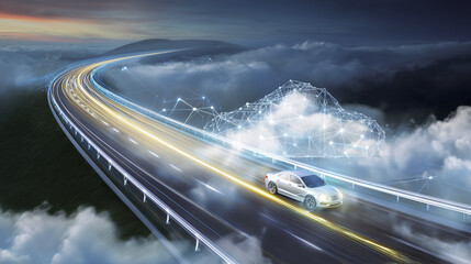 Fototapeta premium Smart car is speeding along futuristic highway, illuminated by vibrant lights, surrounded by clouds and digital elements, creating sense of innovation and excitement