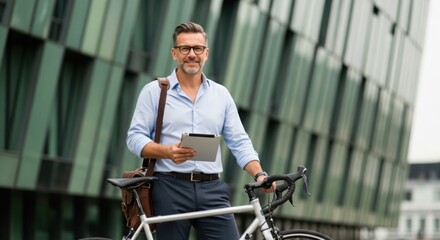 Man with bicycle and tablet outside modern building
