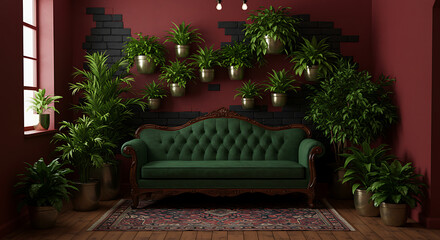 Luxurious vintage green velvet sofa surrounded by lush potted plants in elegant room