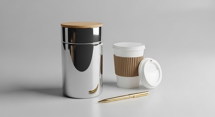 Shiny Metal Container and Coffee Cup Duo