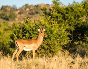 Fototapeta premium Majestic Impala Standing Tall in the African Bush, Captured in Natural Habitat