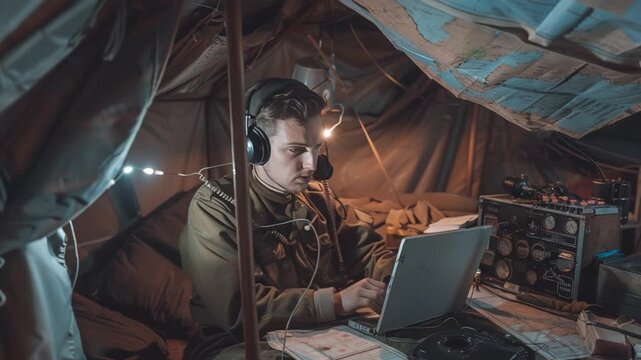 Radio Operator using vintage comms in war tent 4K Videos